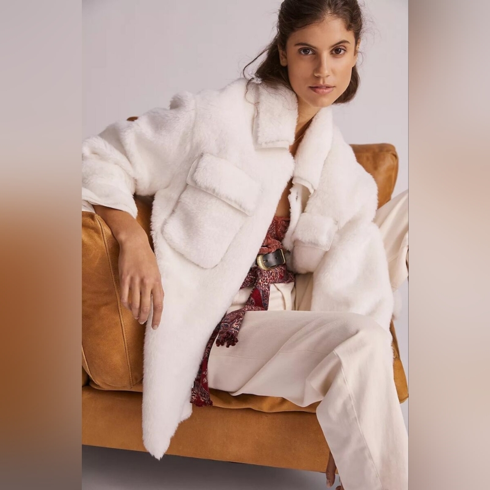 Anthropologie Maeve Cinched Soft & Elegant Faux Fur Coat Ivory
